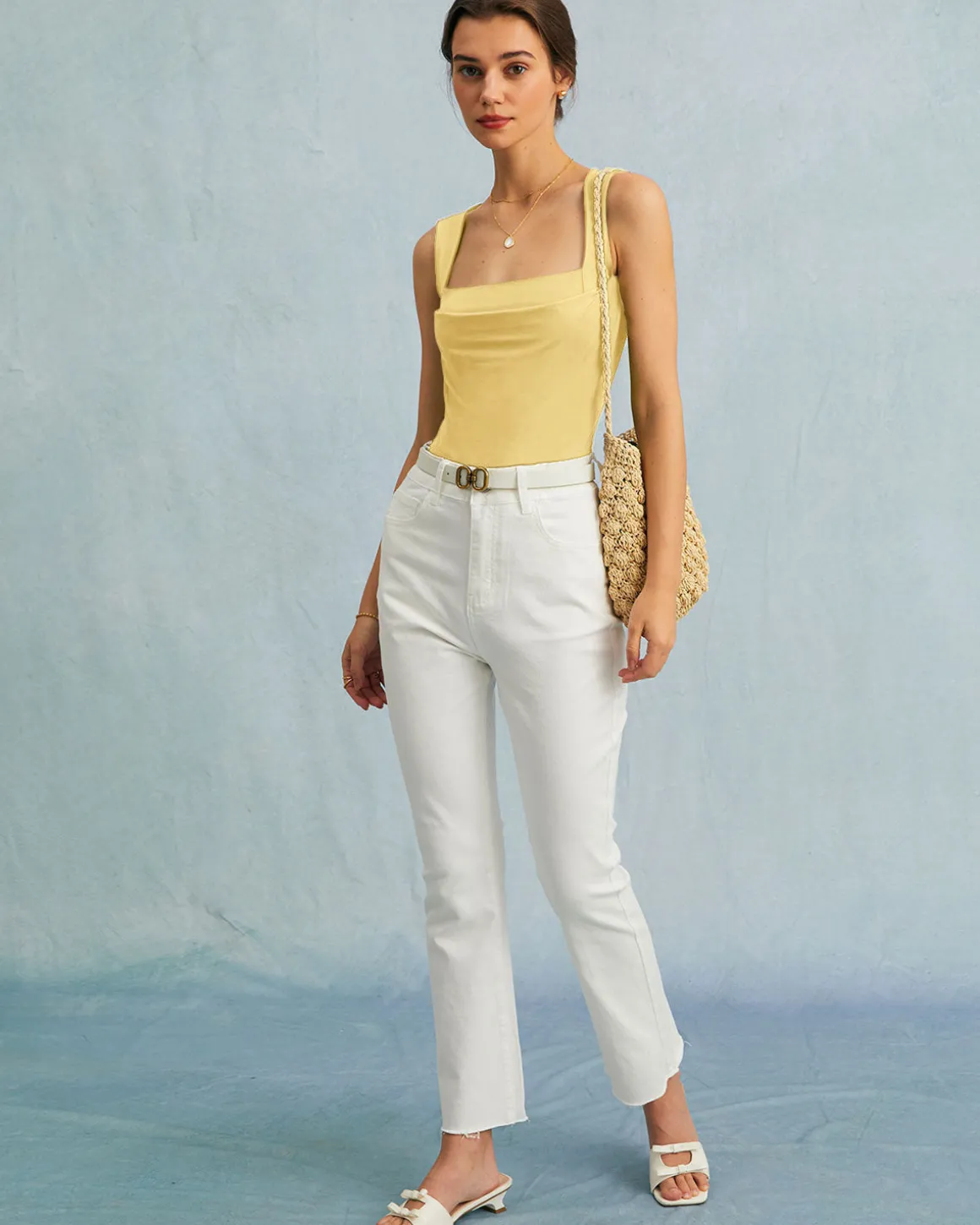 Yellow Square Neck Ruched Tank Top