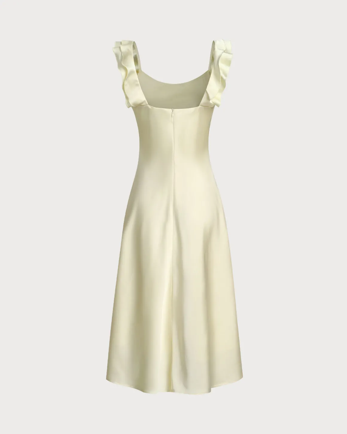 Yellow Square Neck Ruffle Satin Midi Dress