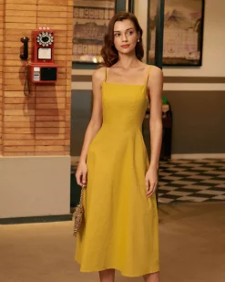 Yellow Square Neck Shirred Slip Midi Dress