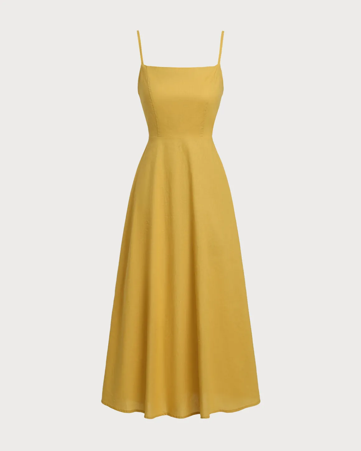 Yellow Square Neck Shirred Slip Midi Dress