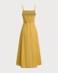Yellow Square Neck Shirred Slip Midi Dress