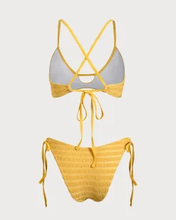 Yellow Textured Ruched Cutout Bikini Set