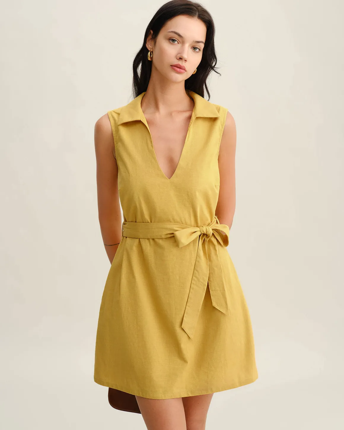 Yellow Tie Waist Sleeveless Mini Dress