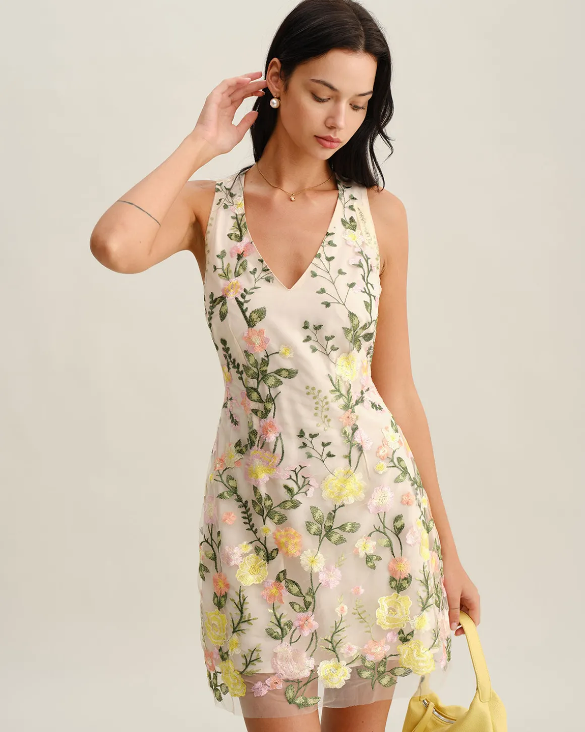 Yellow V Neck Floral Sleeveless Mini Dress