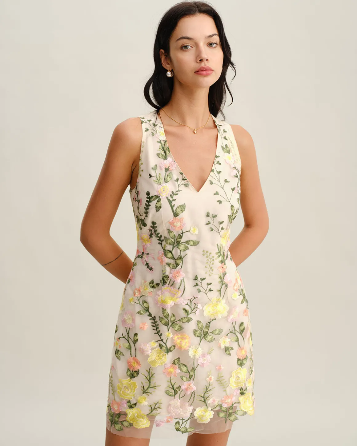 Yellow V Neck Floral Sleeveless Mini Dress