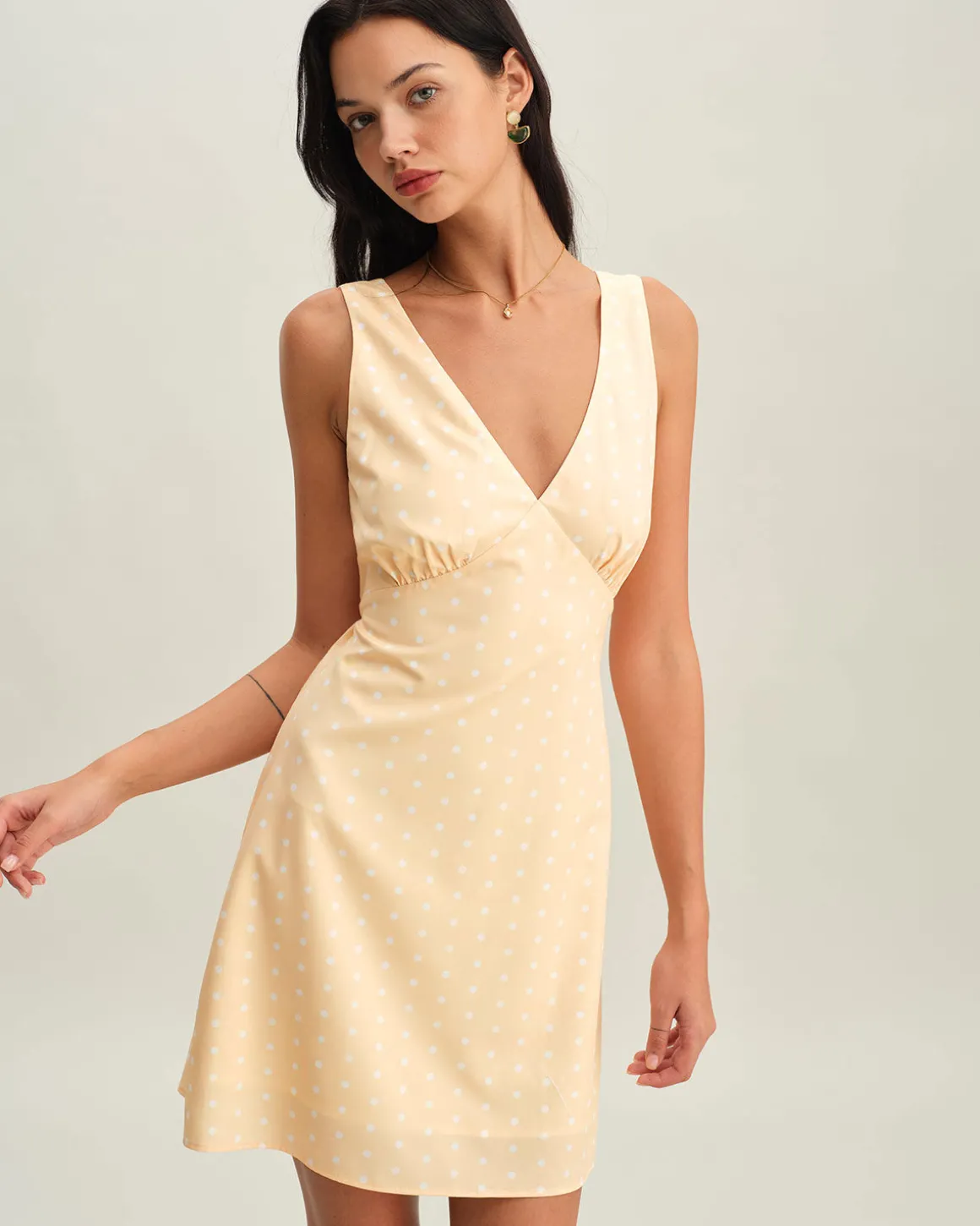 Yellow V Neck Polka Dot Sleeveless Mini Dress