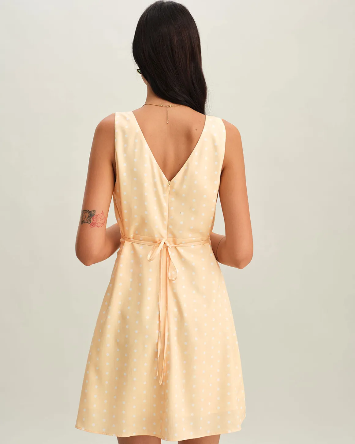 Yellow V Neck Polka Dot Sleeveless Mini Dress