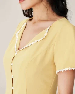 Yellow V-neck Button Mini Dress